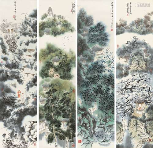 孙君良（b.1941） 2008年作 山水人物四屏 镜心 设色纸本