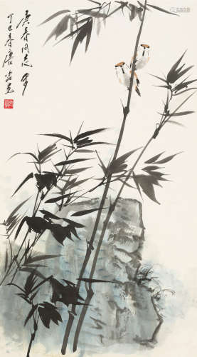 唐 云(1910-1993) 竹石双雀 设色纸本 片连框 1977年作