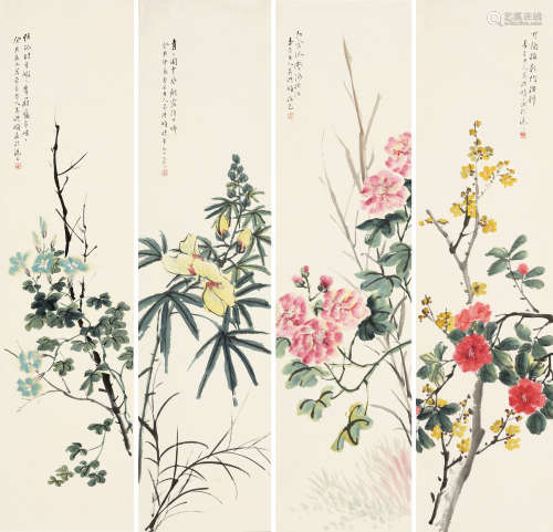 吴淑娟(1853-1930) 四季花卉 设色纸本 四屏 1923年作
