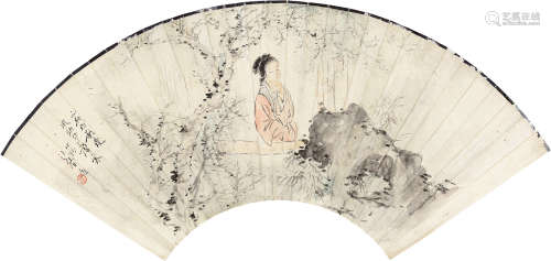 汪声远(1886-1969) 倚窗仕女 设色纸本 扇面