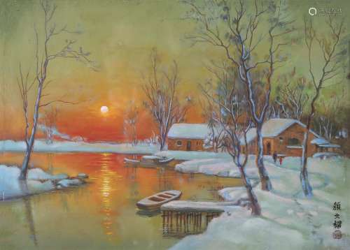 颜文梁（1893～1988）  风景油画 木板油画