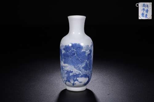 A KANGXI MARK BLUE WHITE VASE WITH STORY PATTERN