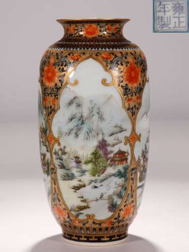 A YONGZHENG MARK ENAMELED LANDSCAPE VASE WITH GOLD