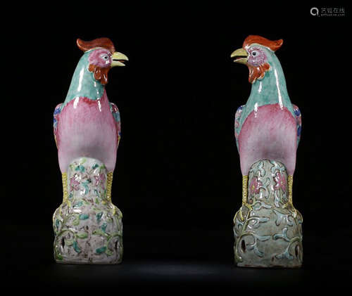 A PAIR OF FAMILLE ROSE CELESTIAL COCKS