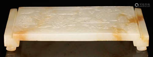 A HETIAN JADE INK BED WITH CHARACTER STORY PATTERN