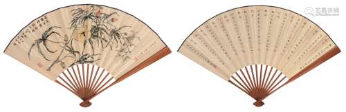 梅兰芳（1894～1961）李斐叔（民国）  写生花卉 楷书七言诗 成扇 设色纸本