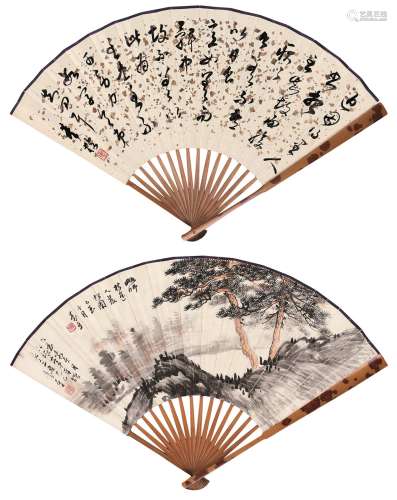 董寿平（1904～1997）  草书并仿梅道人双松图 成扇 设色纸本
