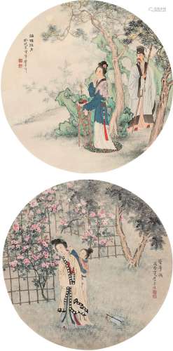 叶曼叔（1881～1961）叶美珍（近代 ）  貂蝉拜月 簪花图 镜心 设色纸本