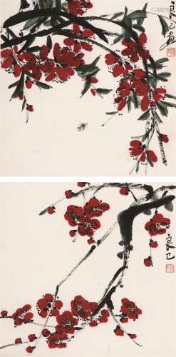 齐良已（1923～1988）  花卉双挖  立轴 设色纸本