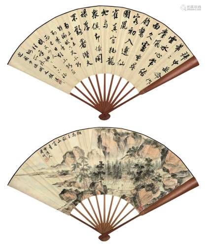溥伒（1893～1966）  行书并秋山萧寺图 成扇 设色纸本