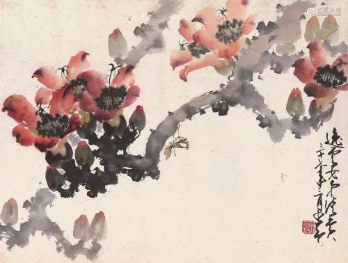 赵少昂（1905～1998）  花卉螳螂  镜心 设色纸本