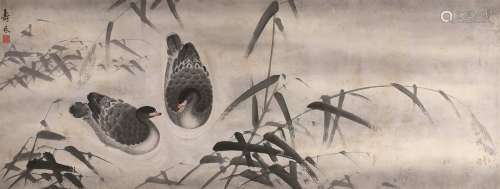 边寿民（1684～1752）  芦苇双雁图 立轴 设色纸本