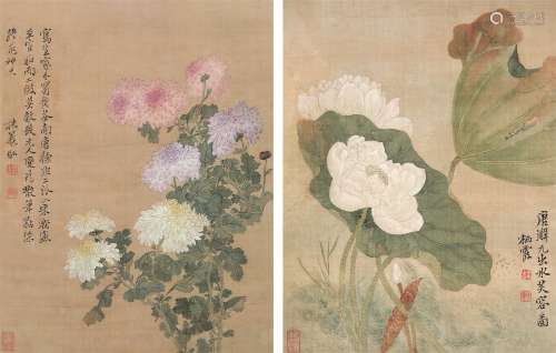 马元驭（1669～1722）  仿宋人菊花、唐寅荷花 镜心 设色绢本