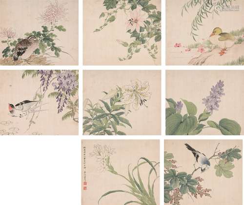 缪嘉慧（1842～1918）  花鸟册 （八开） 册页 设色绢本