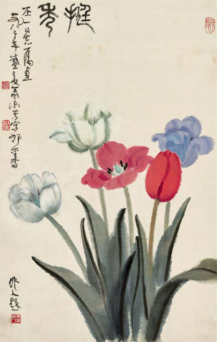 萧淑芳（1911～2005）吴作人（1908～1997） 挺秀 立轴 设色纸本