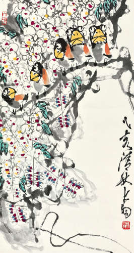 陈大羽（1912～2001） 1995年作 紫藤腊嘴 立轴 设色纸本