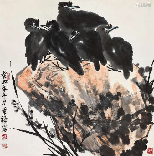 李苦禅（1899～1983） 五哥图 立轴 设色纸本