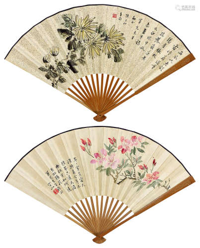 陈定山（1897～1987）陈子和（不详） 杜鹃墨菊成扇 成扇 设色纸本