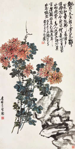 赵云壑（1874～1955）吴待秋（1878～1949） 1928年作 菊石图 立轴 设色纸本