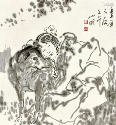 吴山明（b.1941） 2002年作 童年之友 立轴 水墨纸本