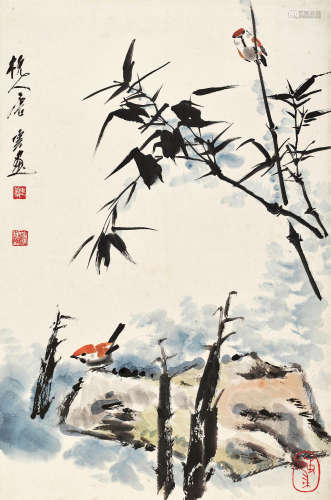 唐云（1910～1993） 竹雀 镜心 设色纸本