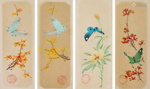 王雪涛（1903～1982） 花蝶 （四帧） 镜心 设色纸本