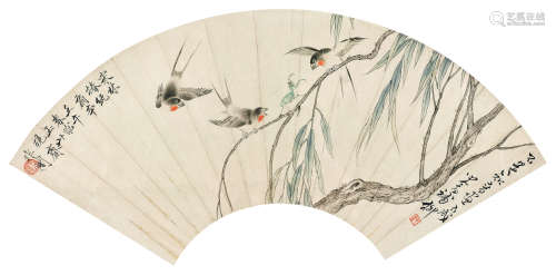 于非厂（1889～1959）溥儒（1896～1963） 1942年作 柳燕并飞 扇面 设色纸本