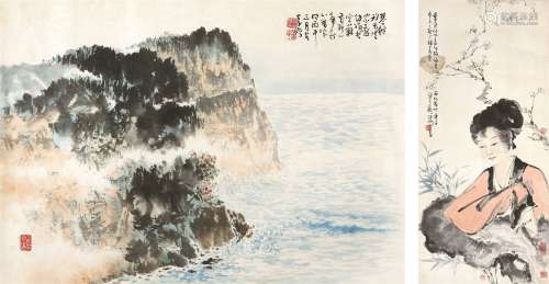 傅狷夫（1910～2007） 山水·仕女二帧 镜心 设色纸本