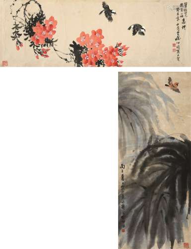 喻仲林（1925～1985） 花鸟二帧 镜心 设色纸本