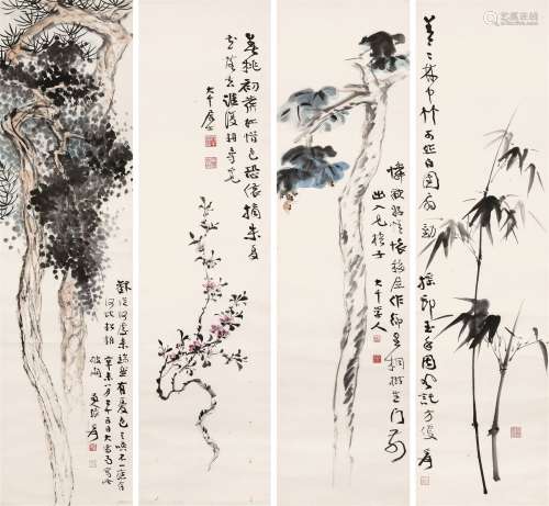 张大千（1899～1983） 1931年作 花卉四屏 立轴 设色纸本