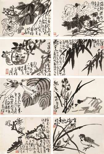 李苦禅（1899～1983） 花鸟八帧 镜心 设色纸本