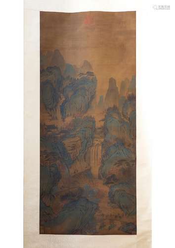 A CHINESE LANDSCAPE SILK SCROLL PAINTING,ATTRIBUTED TO