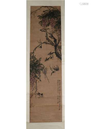 A CHINESE FLOWER AND BIRD PAPER SCROLL PAINTING,