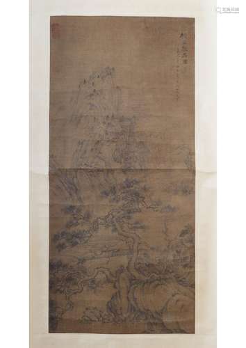 A CHINESE LANDSCAPE SILK SCROLL PAINTING, ATTRIBUTED TO