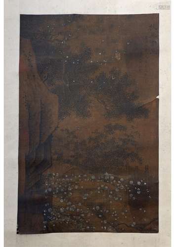 A CHINESE LANDSCAPE SILK SCROLL PAINTING, ATTRIBUTED TO