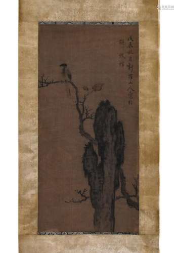 A CHINESE FLOWER AND BIRD SILK SCROLL PAINTING,