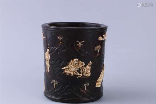 A CHINESE ROSEWOOD WITH GEM INSCRIBED BRUSH POT, EARLY