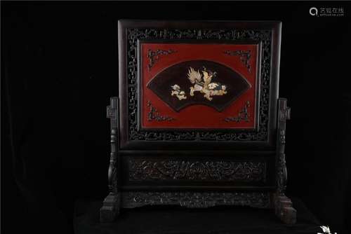 A CHINESE RED LACQUER WITH GEM INSCRIBED HANGING PANEL,