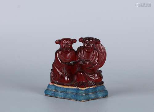 A RARE CHINESE AMBER ORNAMENT â€˜TWO GODS OF HARMONYâ€™