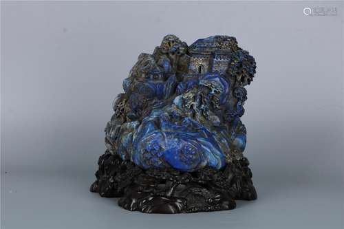 A CHINESE LAPIS LAZULI BOULDER CARVING OF LANDSCAPE