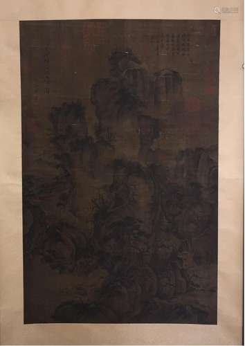 A CHINESE LANDSCAPE SILK SCROLL PAINTING, ATTRIBUTED TO