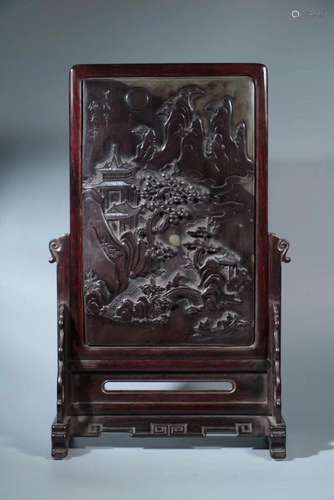 A CHINESE ROSEWOOD WITH STONE INSCRIBED LANDSCAPE TABLE