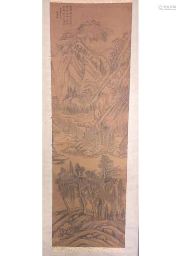 A CHINESE LANDSCAPE SILK SCROLL PAINTING, ATTRIBUTED TO