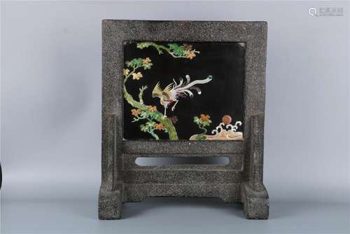 A CHINESE BLACK LACQUER WITH FLOWER AND BIRD SHAPED GEM