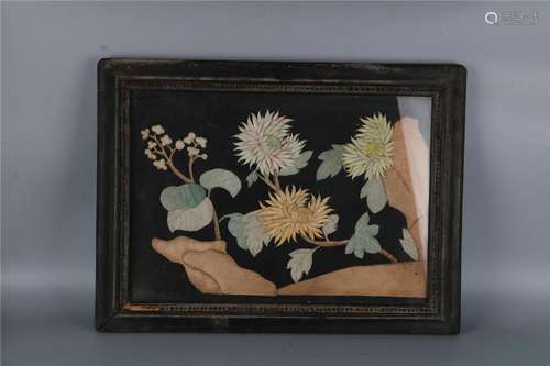 A CHINESE EMBROIDERED FLORAL PICTORIAL PANEL, QING