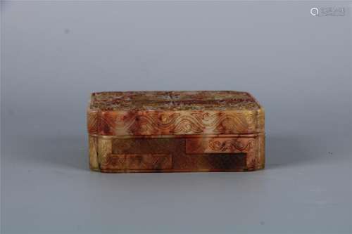 A CHINESE SOAPSTONE SQUARE BOX CARVED MYTHICAL ANIMALS,