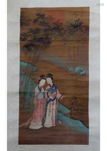 A CHINESE BEAUTY SILK SCROLL PAINTING, ATTRIBUTED TO