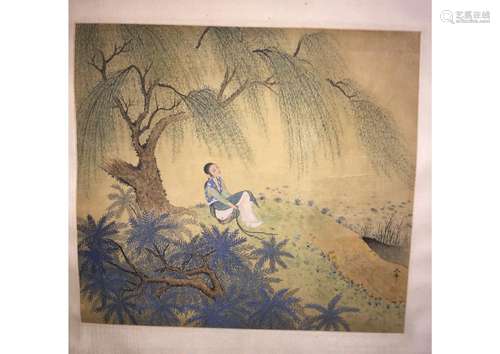 A CHINESE BEAUTY SILK SCROLL PAINTING, ATTRIBUTED TO HU