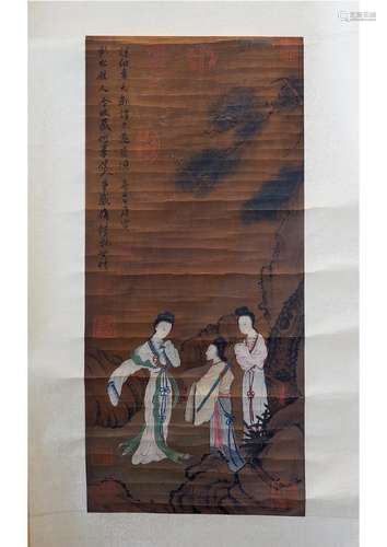 A CHINESE BEAUTY SILK SCROLL PAINTING,ATTRIBUTED TO