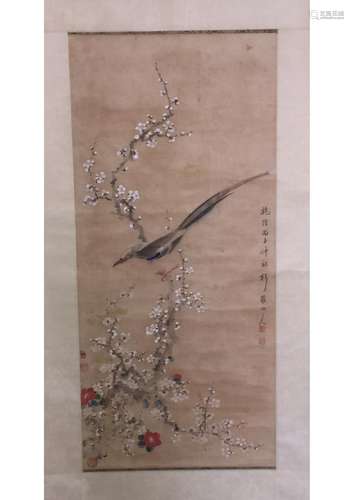 A CHINESE FLOWER AND BIRD SILK PAPER SCROLL PAINTING,